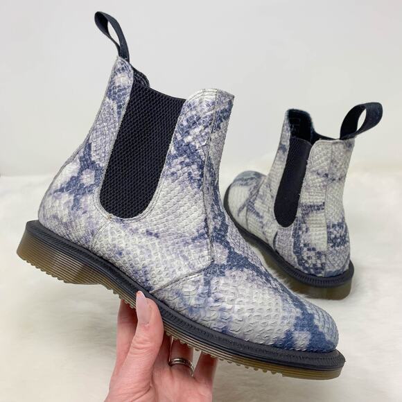NWOT DR. MARTENS Flora Asciano Chelsea Boot faux snakeskin leather gray white - Picture 2 of 13